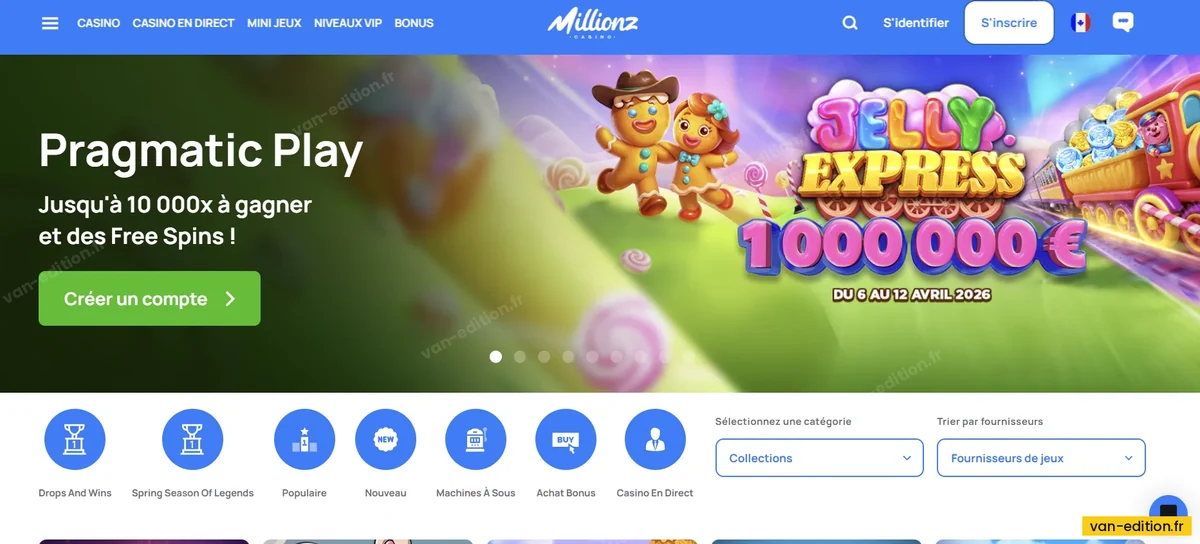 Interface de Millionz et son catalogue de plus de 6 500 jeux