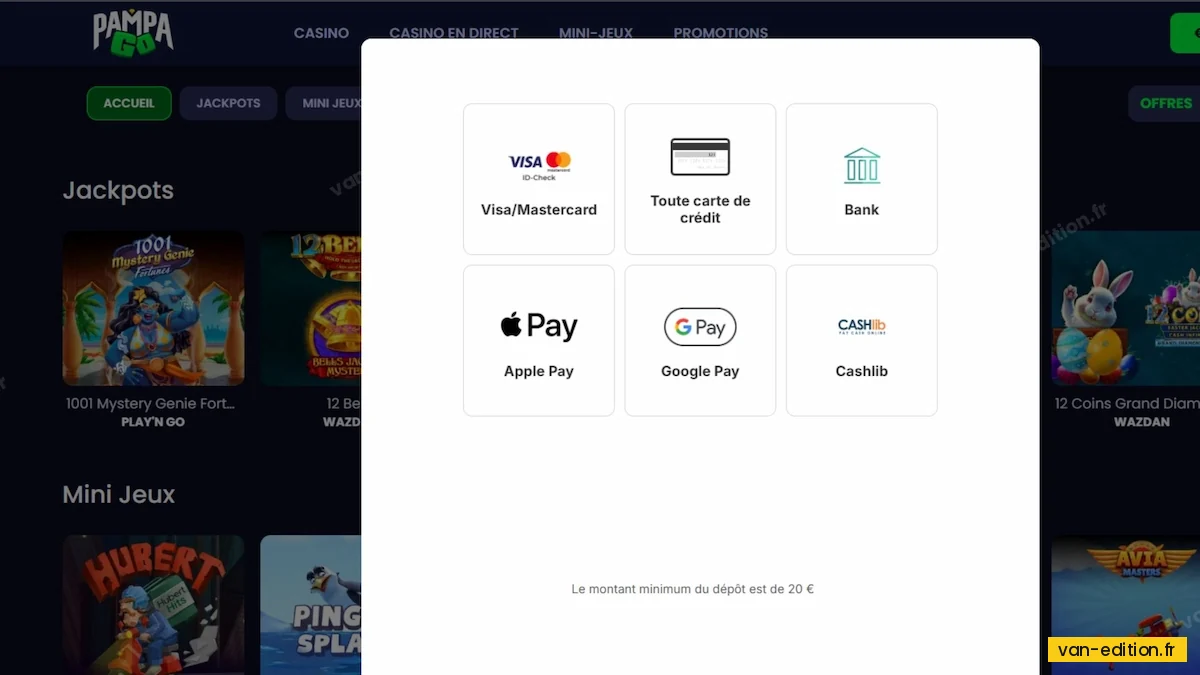 Fenêtre de paiement d'un casino en ligne avec ses différents canaux