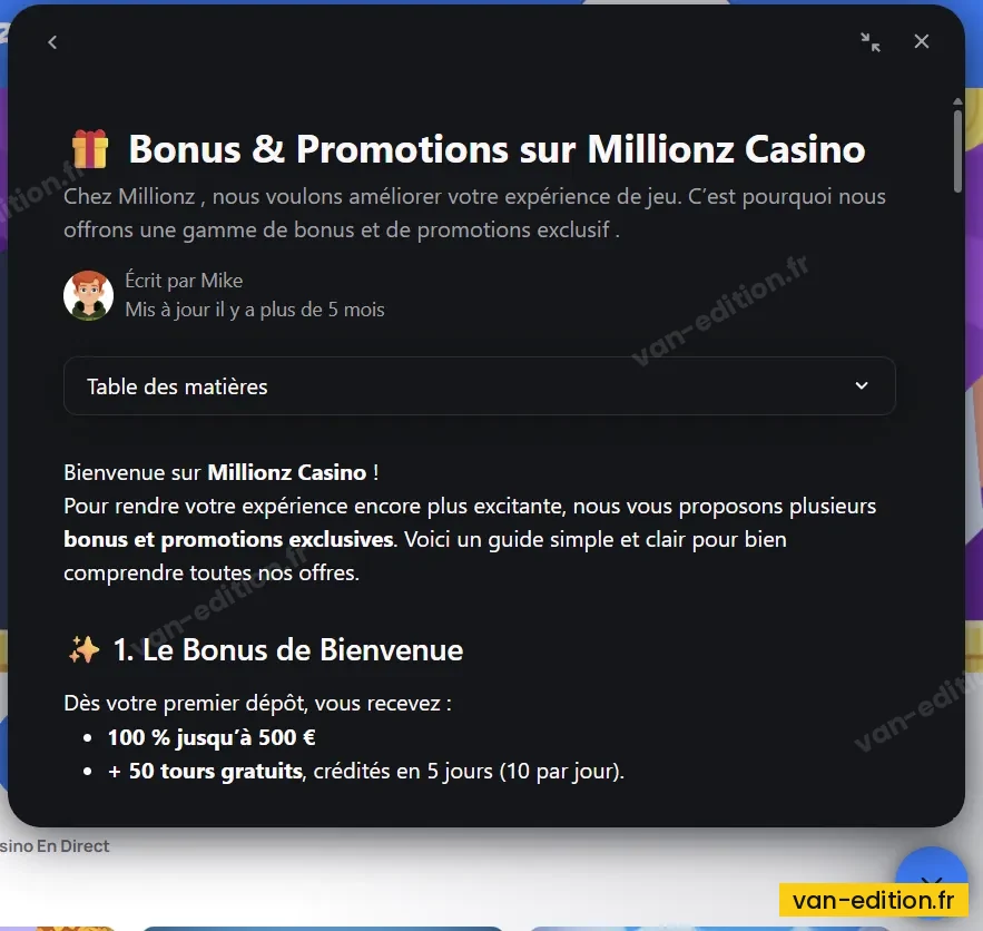 Le chat d'assistance d'un casino en ligne